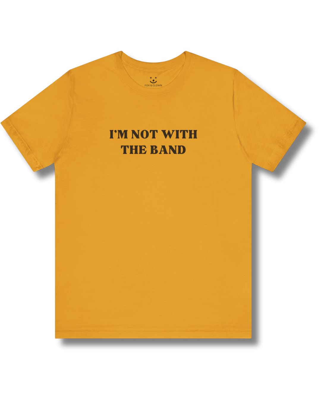 Yellow t-shirt with 'I'm not with the band' text on a white background