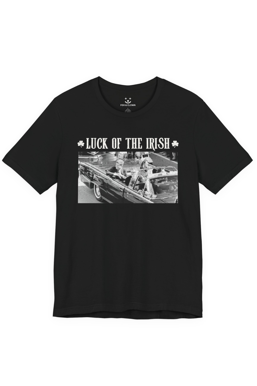 Black t-shirt with graphic design and text on a white background