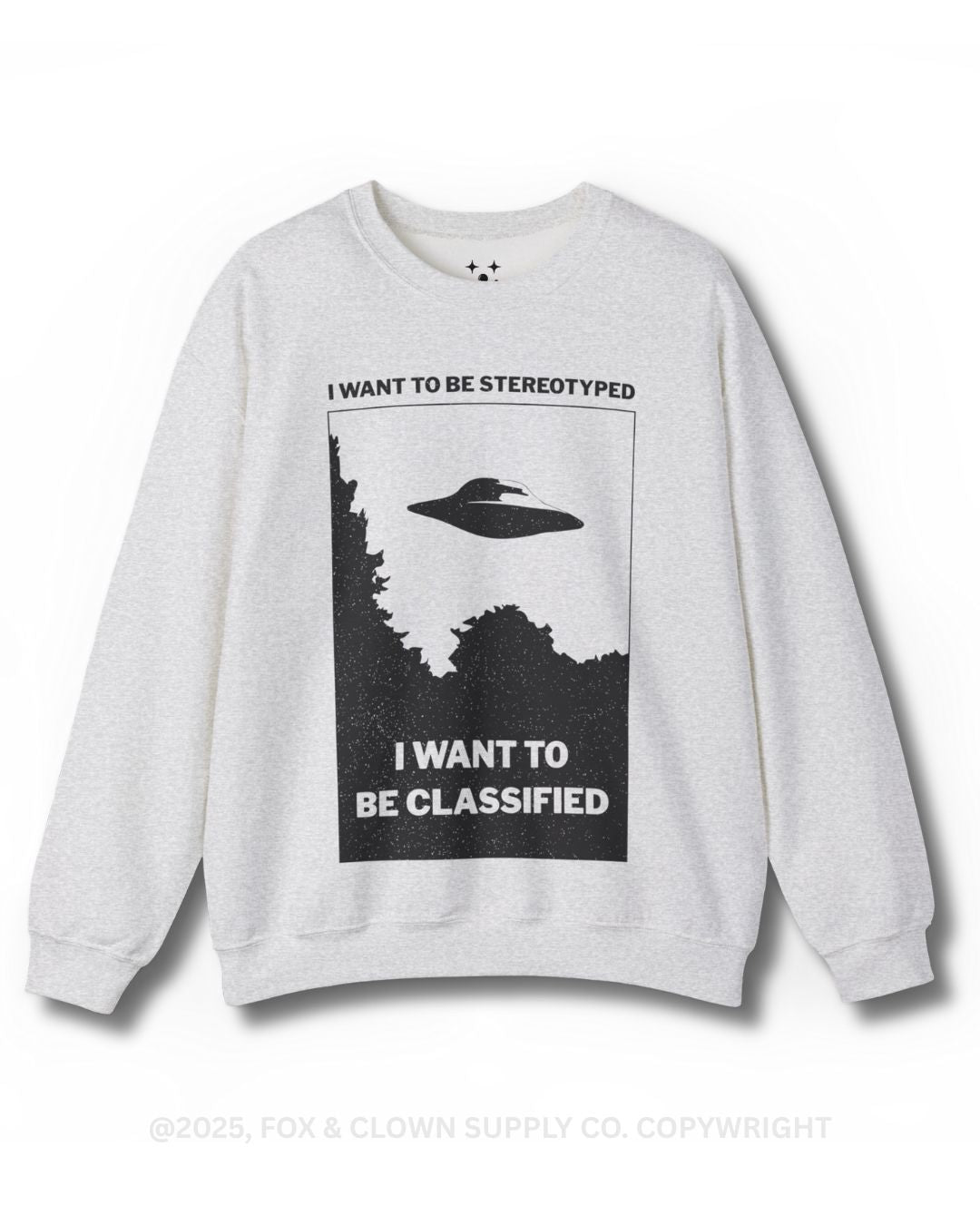 funny punk crewneck sweatshirt with ufo that says I want to be stereotyped I want to be classified