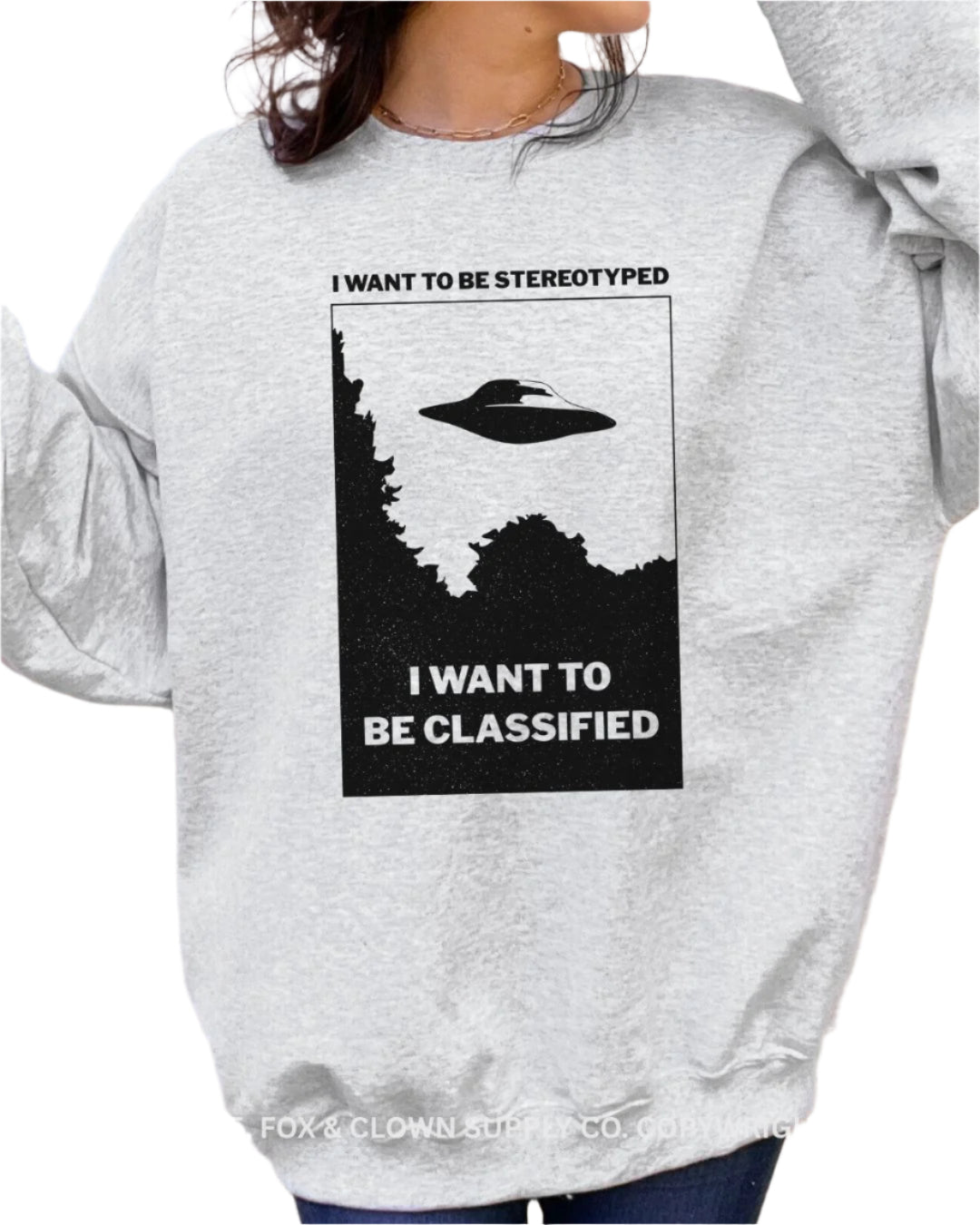 funny punk crewneck sweatshirt with ufo that says I want to be stereotyped I want to be classified