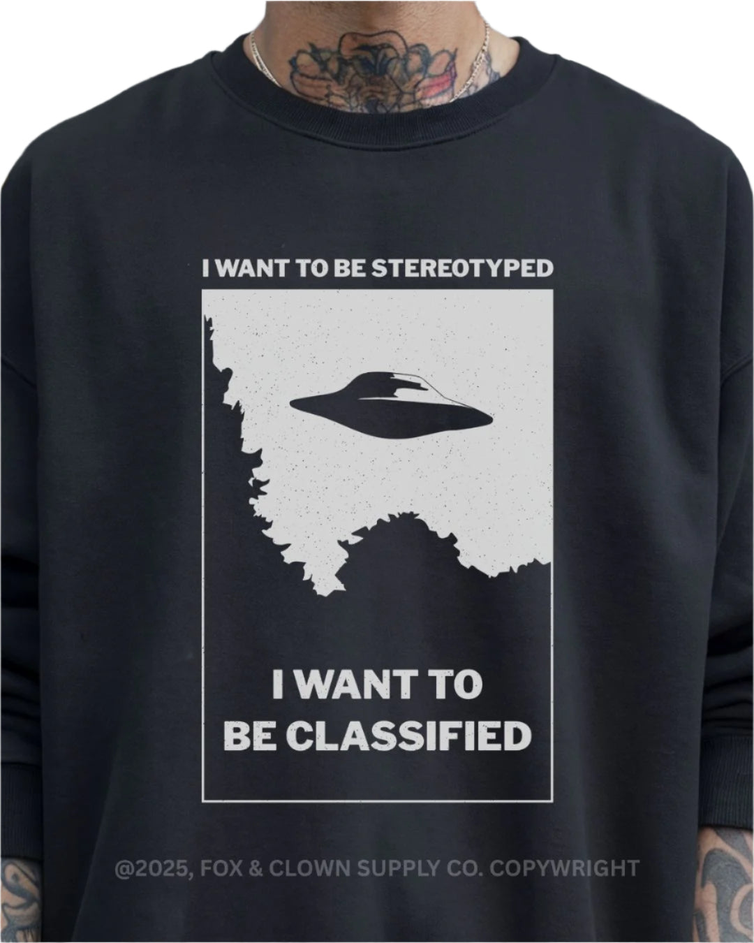funny punk crewneck sweatshirt with ufo that says I want to be stereotyped I want to be classified