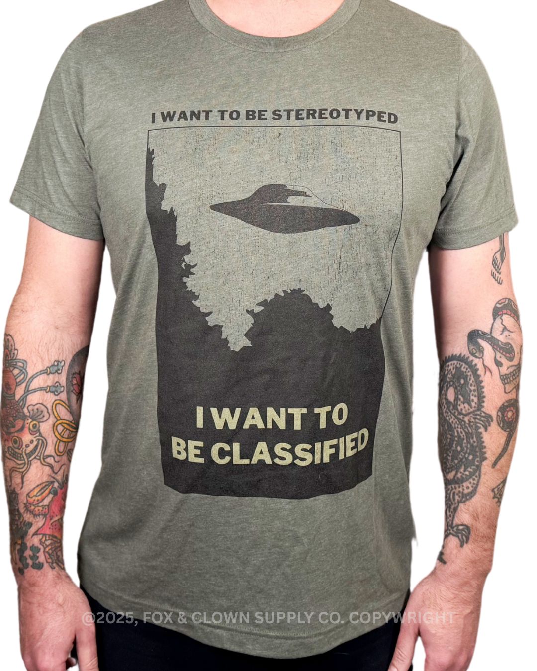 funny punk shirt with ufo that says I want to be stereotyped I want to be classified