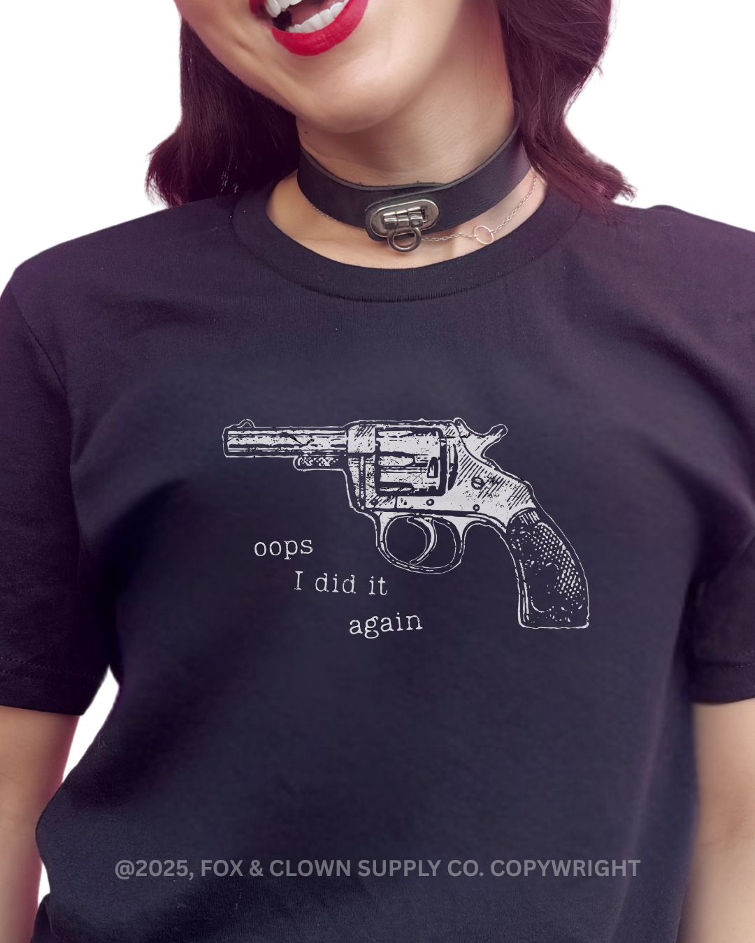 funny fox and clown shirt featuring a western pistol and the words oops I did it again