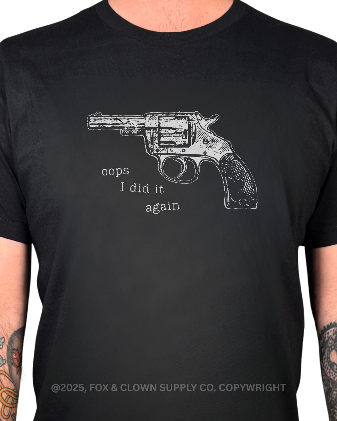funny fox and clown shirt featuring a western pistol and the words oops I did it again