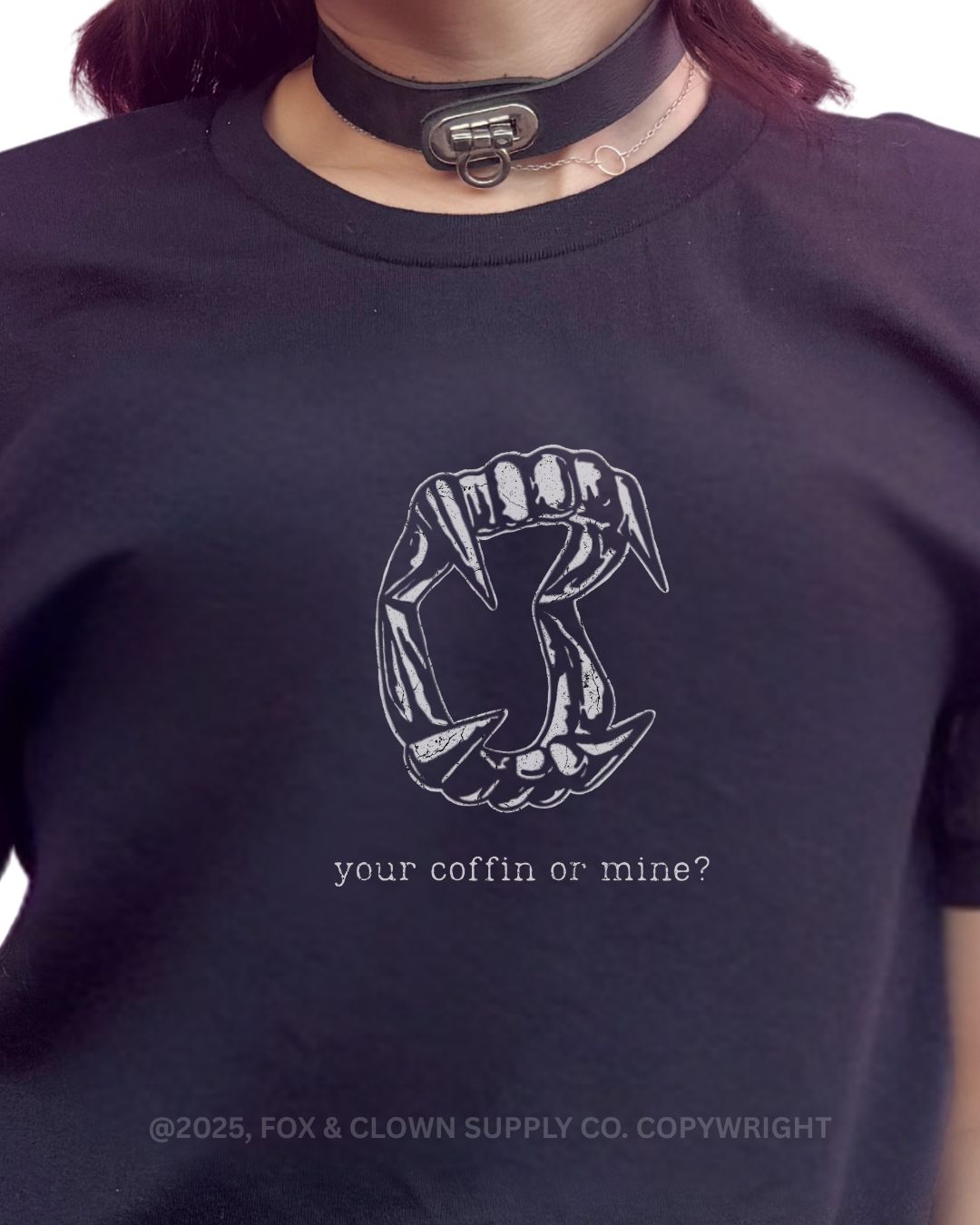 funny punk shirt with your coffin or mine? written on it featuring vampire teeth