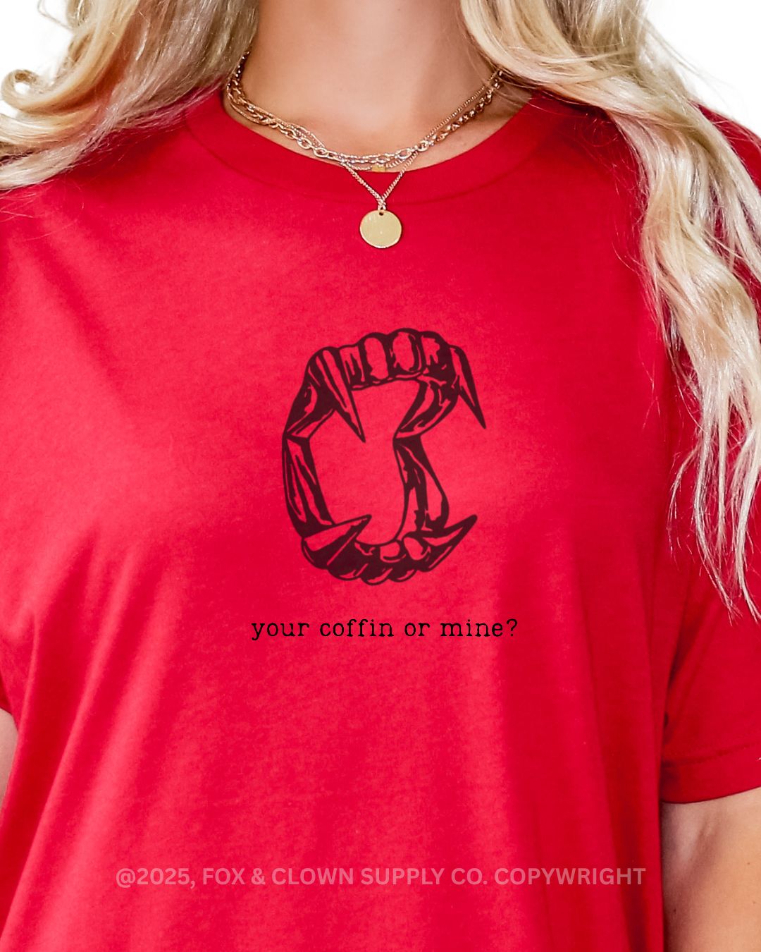 funny punk shirt with your coffin or mine? written on it featuring vampire teeth