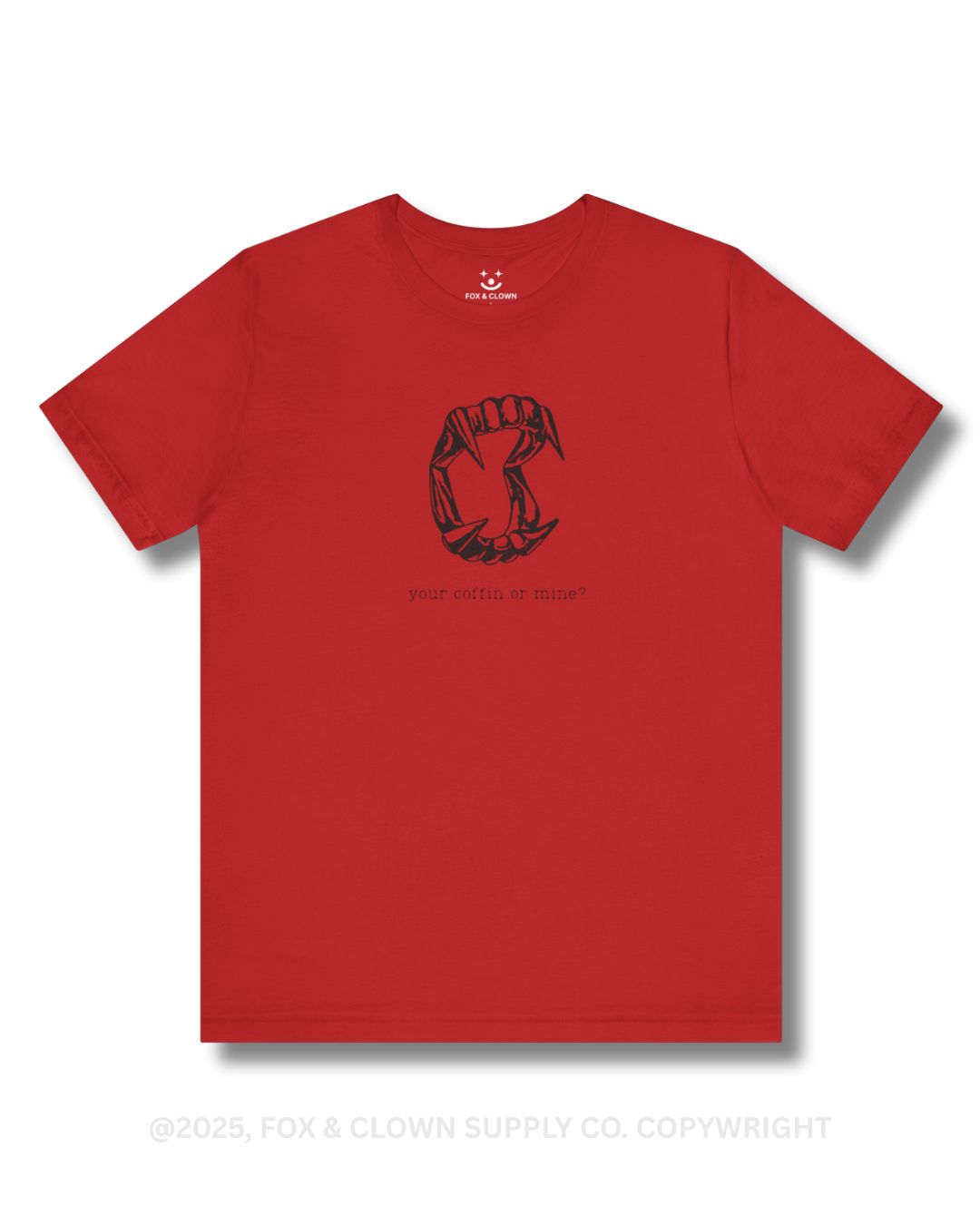 funny punk shirt with your coffin or mine? written on it featuring vampire teeth