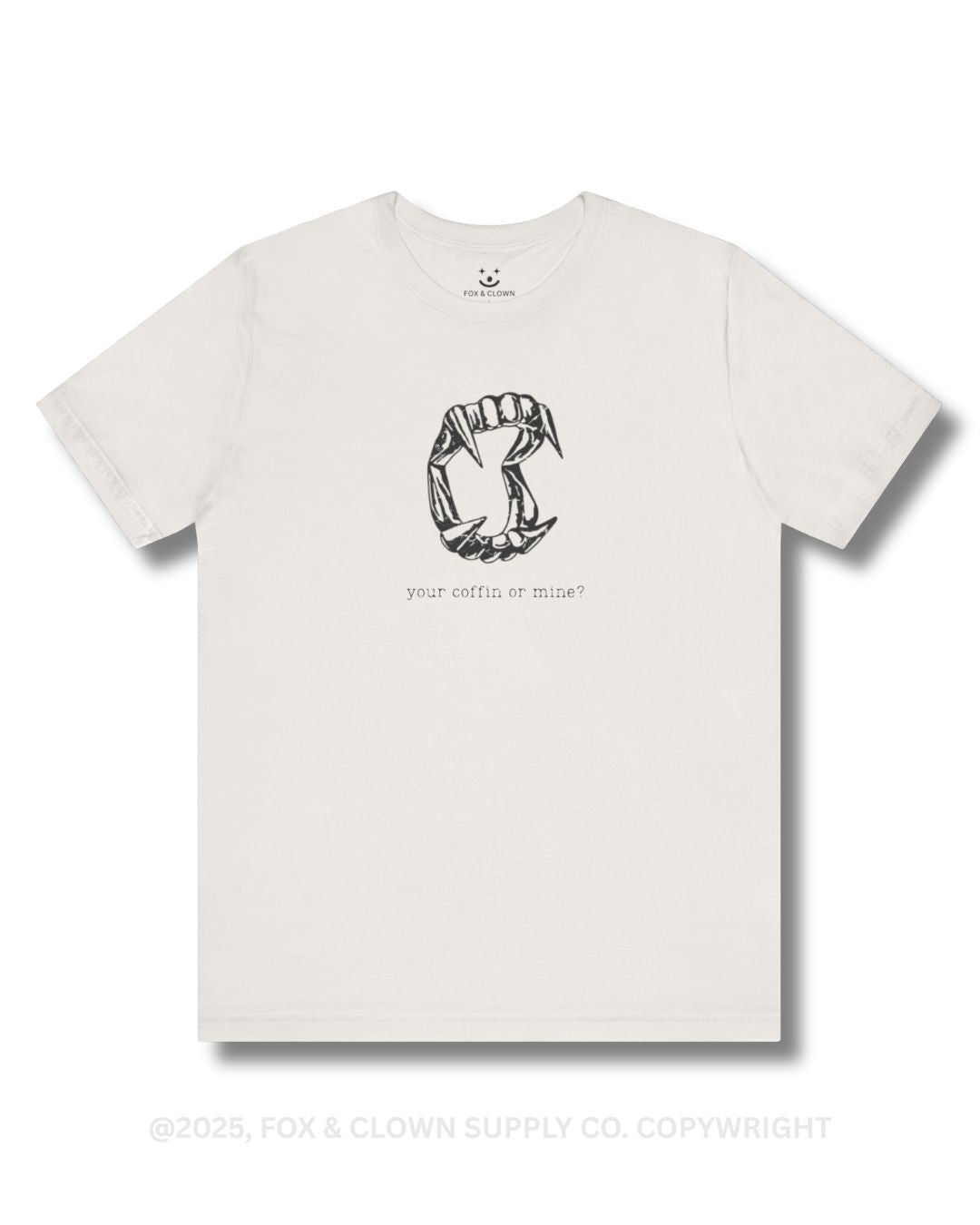 funny punk shirt with your coffin or mine? written on it featuring vampire teeth