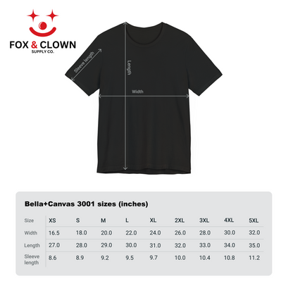 Bella Canvas 3001 tshirt size guide with Fox & Clown Supply Co logo