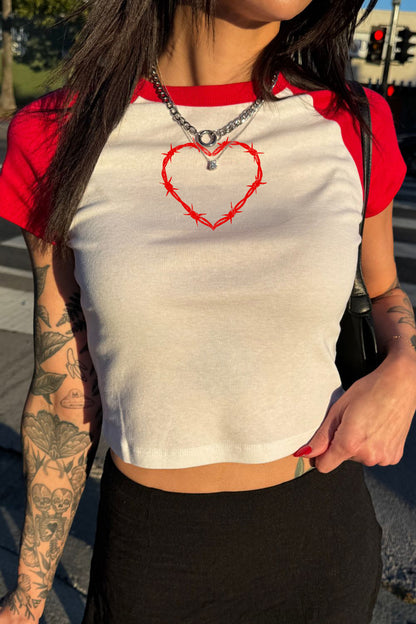 Red Barbed Wire Heart Raglan Cropped Baby Tee