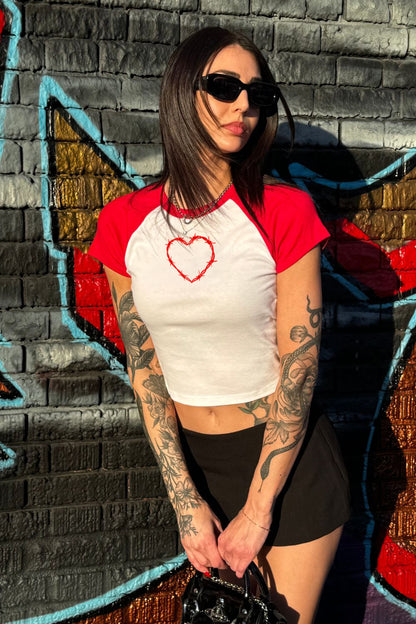 Red Barbed Wire Heart Raglan Cropped Baby Tee