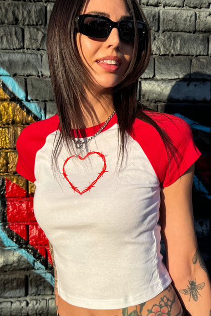 Red Barbed Wire Heart Raglan Cropped Baby Tee