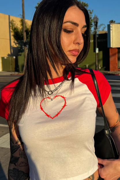 Red Barbed Wire Heart Raglan Cropped Baby Tee