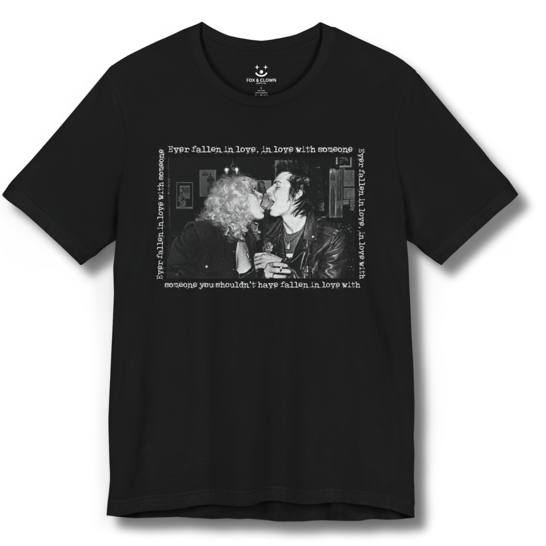 funny punk valentines shirt by fox and clown supply co featuring sid and nancy making out with lyrics to the the buzzcocks song ever fallen in love