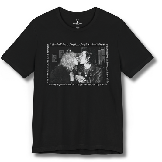 funny punk valentines shirt by fox and clown supply co featuring sid and nancy making out with lyrics to the the buzzcocks song ever fallen in love