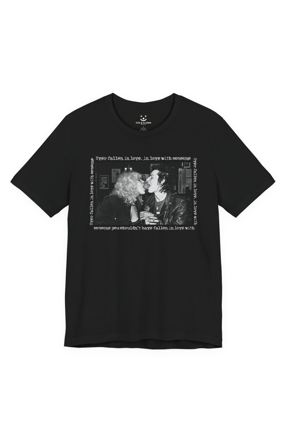 Black t-shirt with 70s punk graphic design and text on a white background