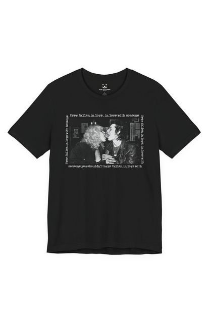 Black t-shirt with 70s punk graphic design and text on a white background