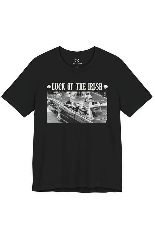 Black t-shirt with graphic design and text on a white background