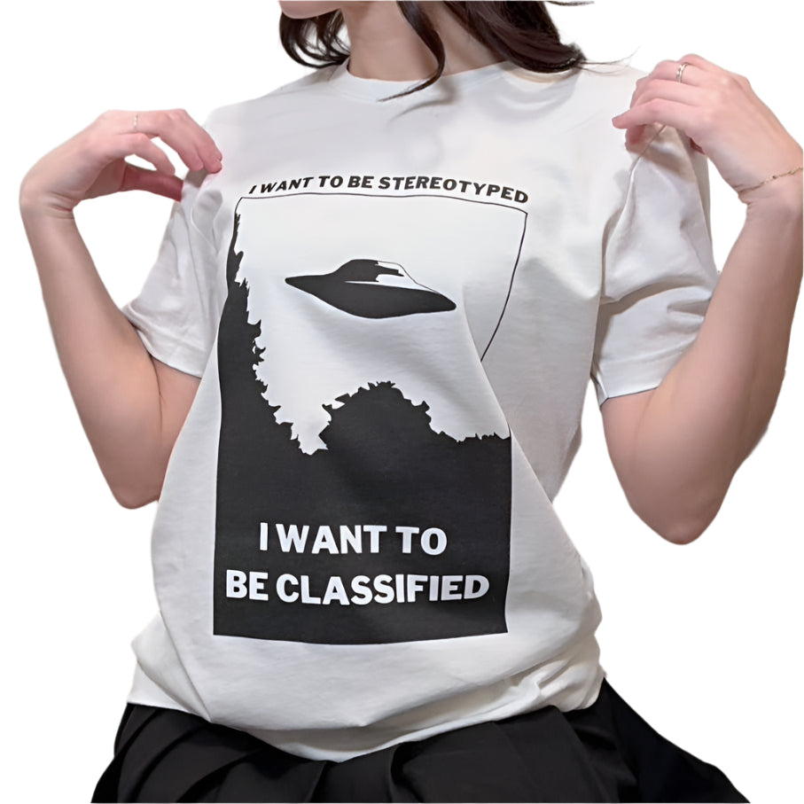 funny punk shirt featuring the lyrics I want to be stereotyped I want to be classified from the descendents song suburban home with an image of the I want to believe poster from fox mulder's office in the x-files