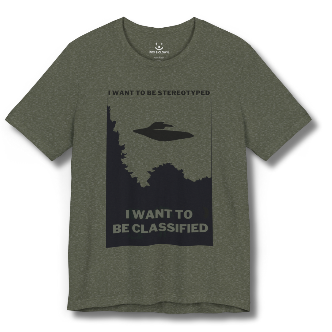 funny punk shirt featuring the lyrics I want to be stereotyped I want to be classified from the descendents song suburban home with an image of the I want to believe poster from fox mulder's office in the x-files