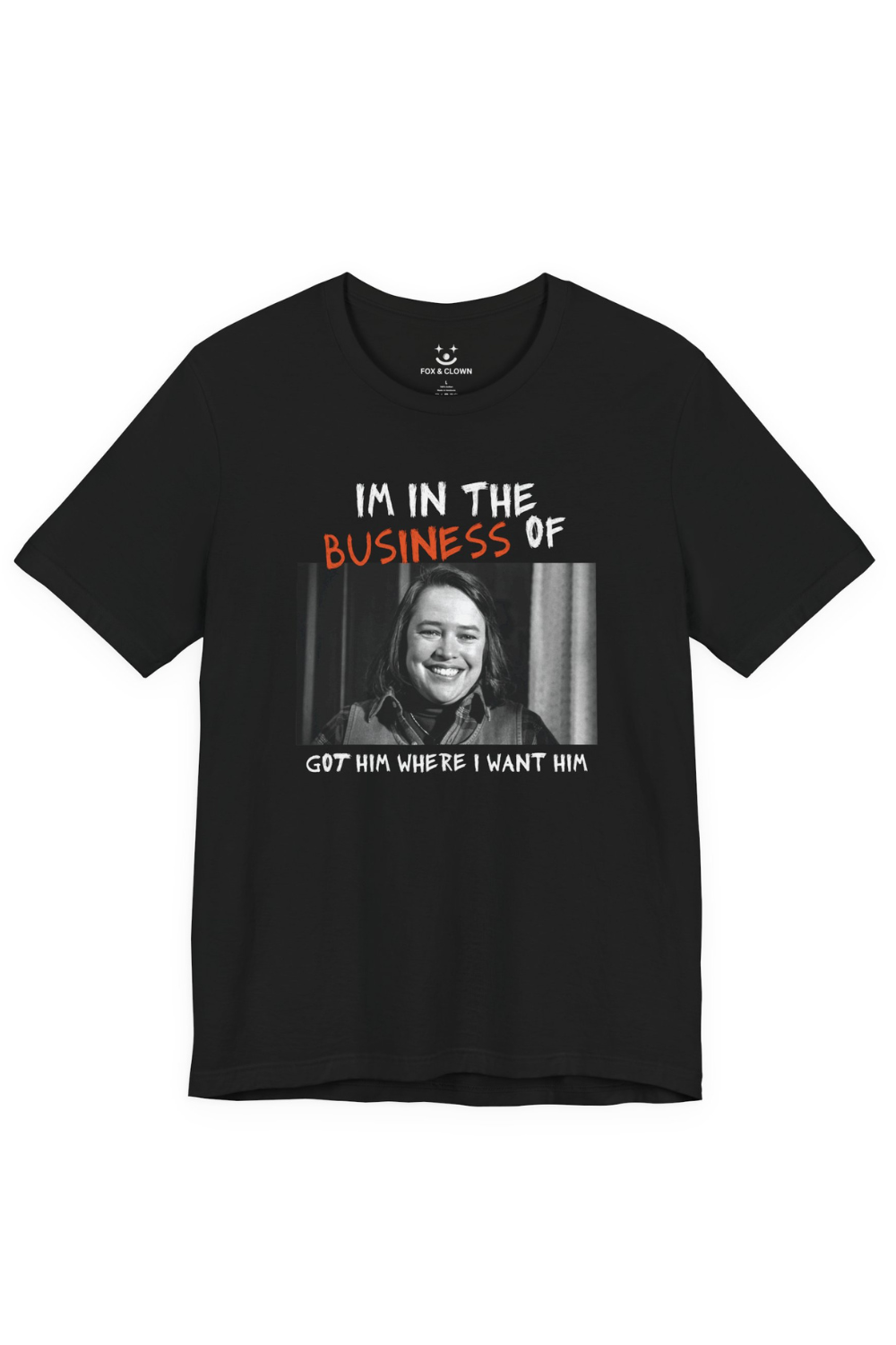 Black t-shirt with graphic design and text on a white background