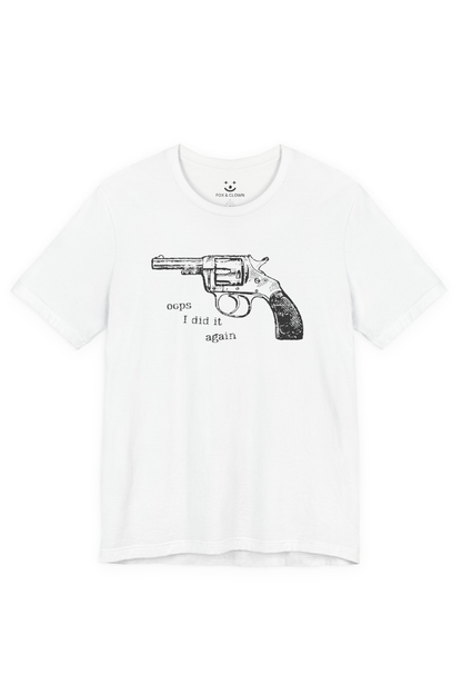 White t-shirt with a graphic of a revolver and text on a white background