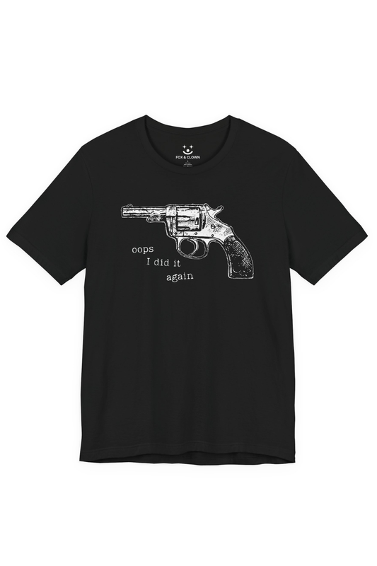 Black t-shirt with a white graphic of a revolver and text on a white background