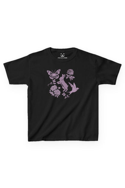 spring tshirt with butterfly, bunny, sparrow, and wildflowers