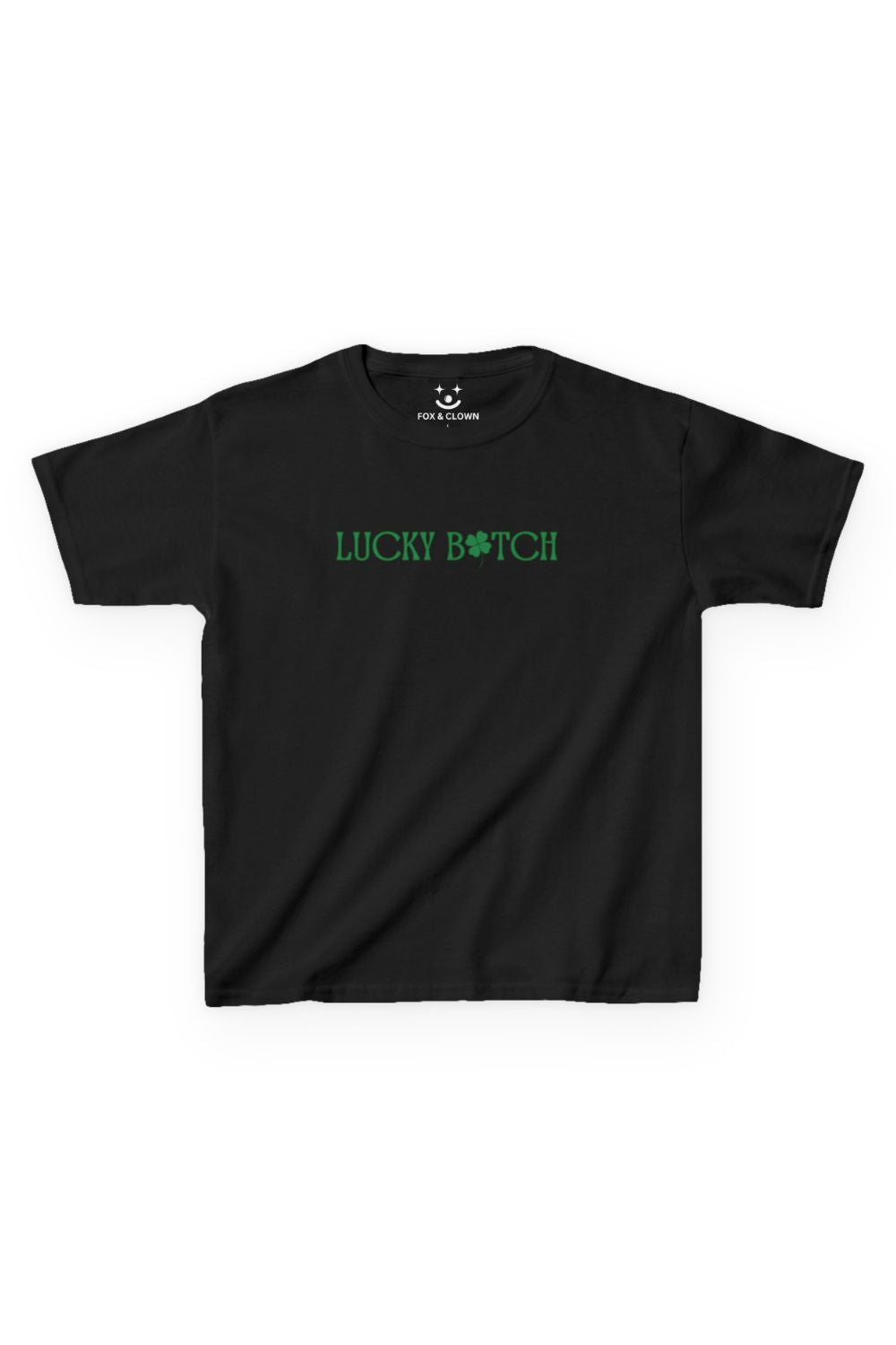 st pattys day baby tee that says lukcy b*tch with a shamrock for the "I"