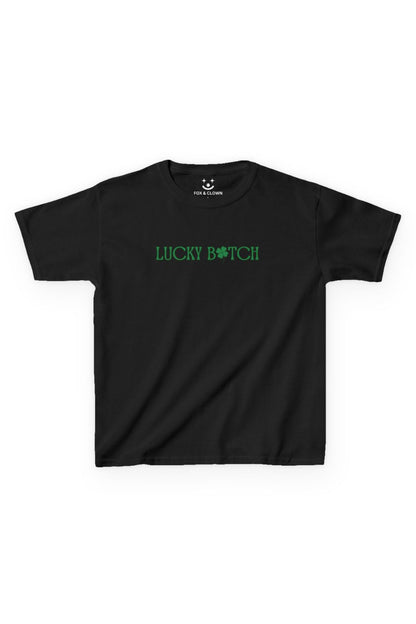 st pattys day baby tee that says lukcy b*tch with a shamrock for the "I"