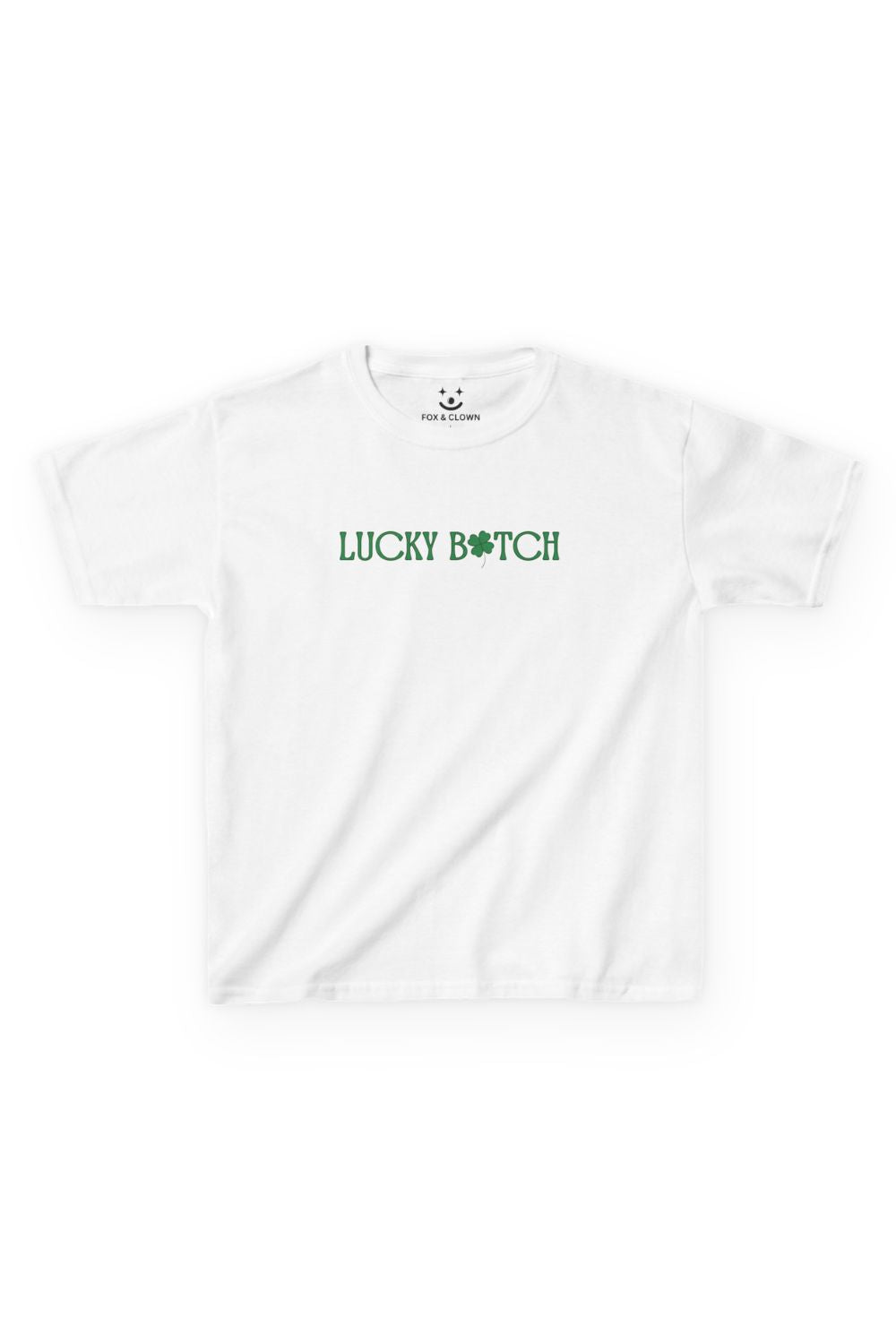 st pattys day baby tee that says lukcy b*tch with a shamrock for the "I"