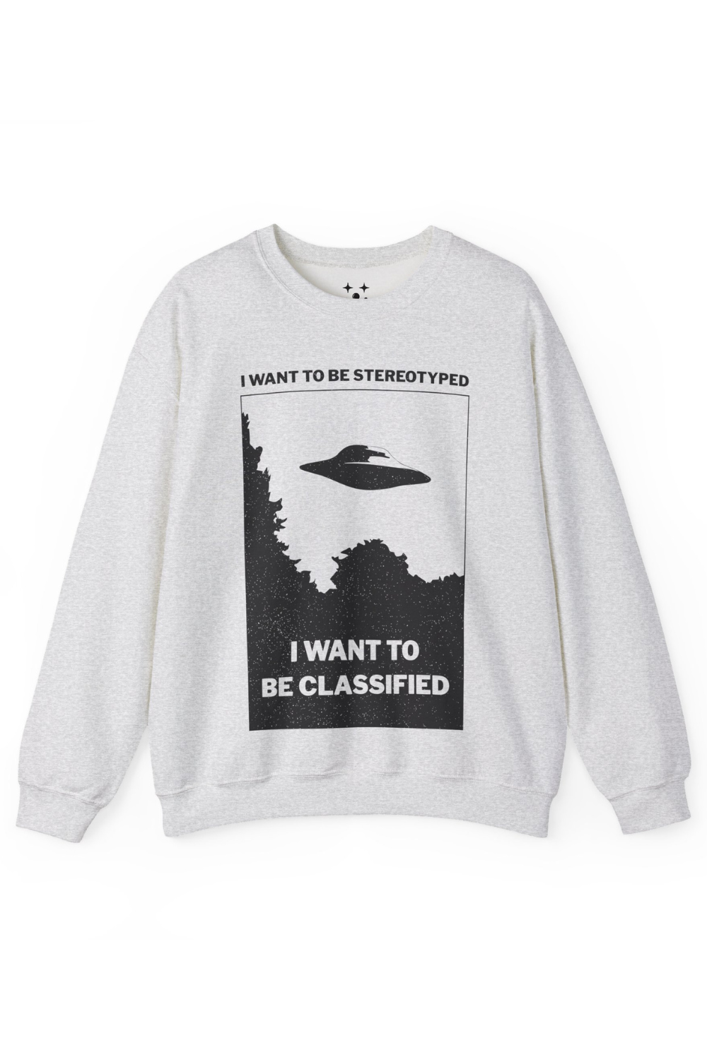 Gray sweatshirt with a graphic design and text on a white background