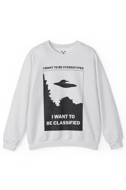 Gray sweatshirt with a graphic design and text on a white background