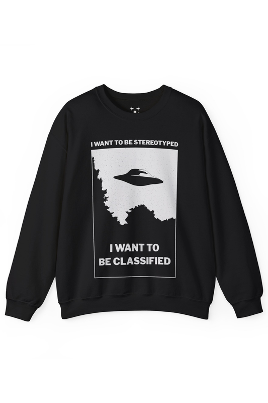Black sweatshirt with a graphic punk design and text on a white background
