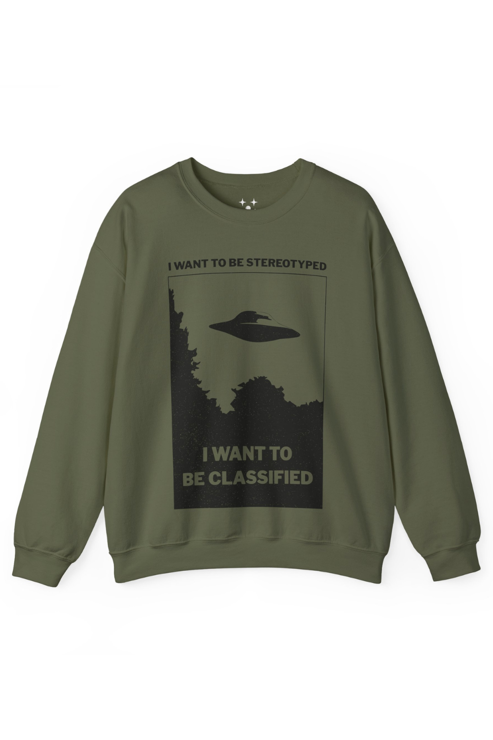 Green sweatshirt with alien graphic and text on a white background