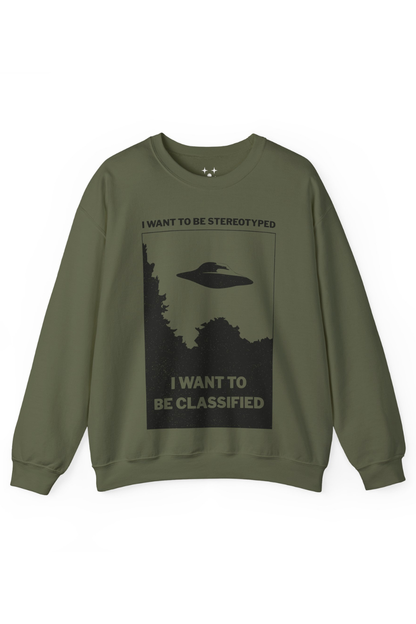 Green sweatshirt with alien graphic and text on a white background