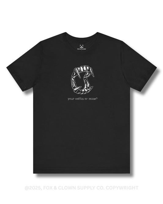 funny punk shirt with your coffin or mine? written on it featuring vampire teeth