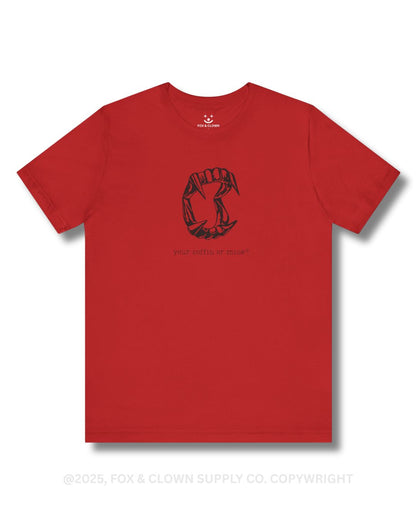 funny punk shirt with your coffin or mine? written on it featuring vampire teeth
