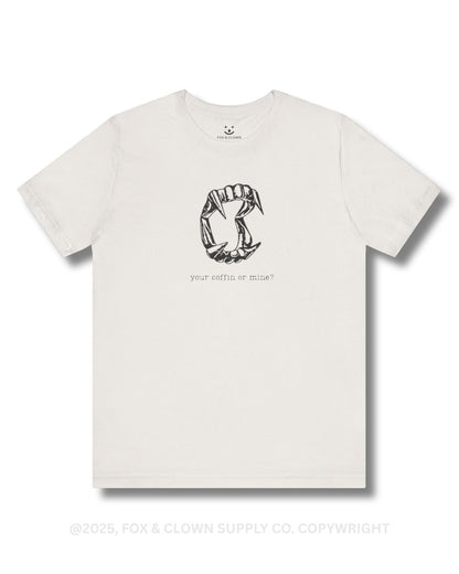 funny punk shirt with your coffin or mine? written on it featuring vampire teeth